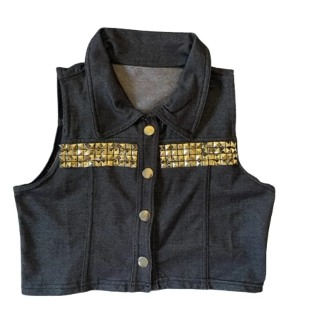 Sleeveless Crop Top Vest with Gold Pyramid Studs. 4 front fasteners. Size M